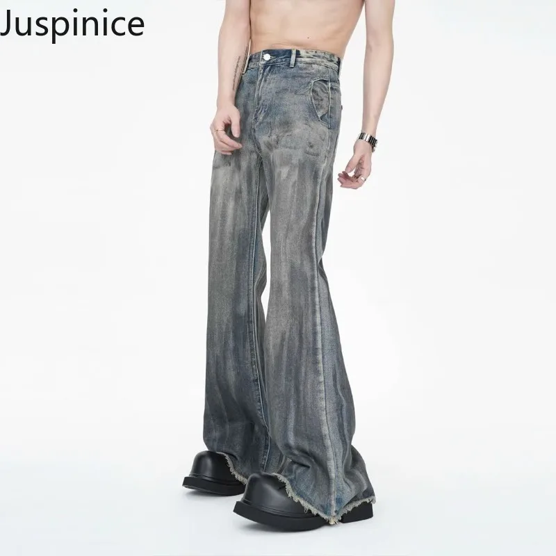 

Juspinice American Retro Jeans Men's Autumn and Winter Street Ruff Handsome Pants Distressed and Elongated Flared Pants