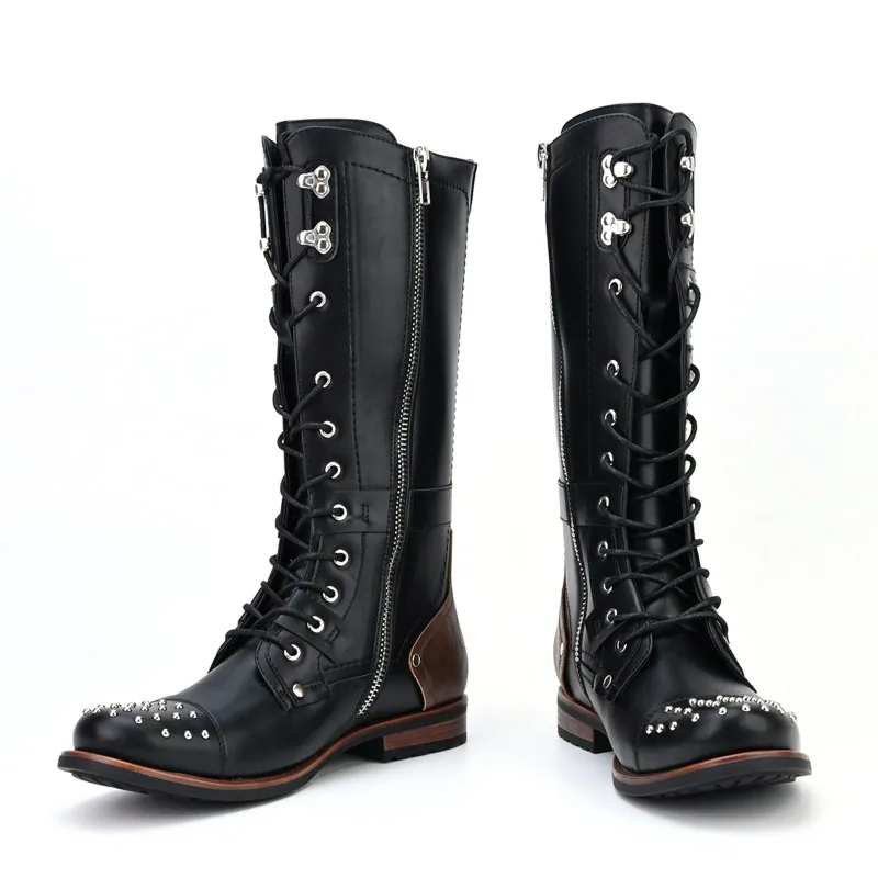 Mens Boots Retro Rivets Motorcycle Boots for Men Designer Belt Buckle Leather Knight Boot Comfortable Western Boots Botas Hombre view 3
