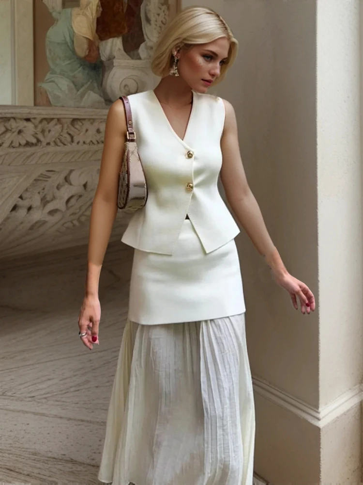 

Женский комплект из двух предметов, элегантный трикотажный топ на пуговицах с плиссированной юбкой, лето