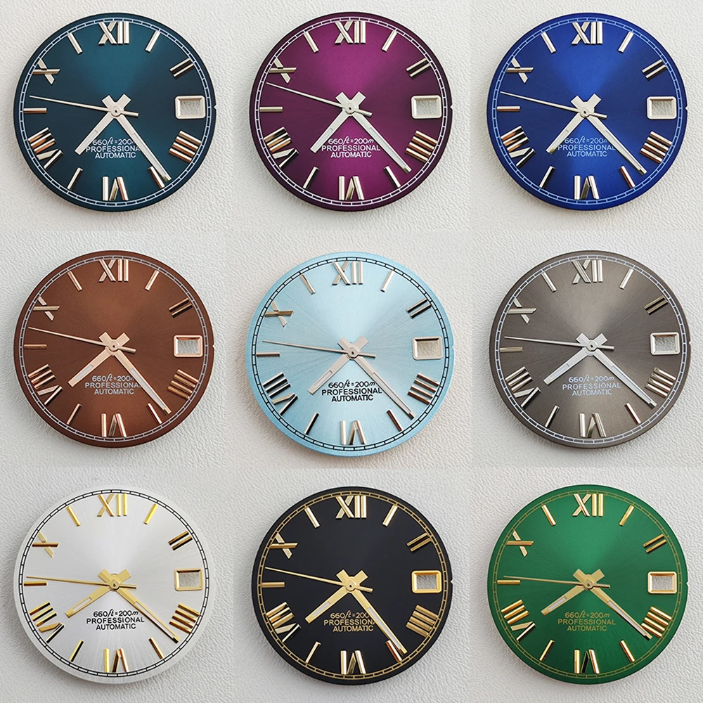 Image of NH35 Roman Dial 28,5 mm Herrenuhr-Zifferblatt, grün leuchtendes S-Logo-Zifferblatt, geeignet für NH35-Uhrwerk, Uhrenzubehör