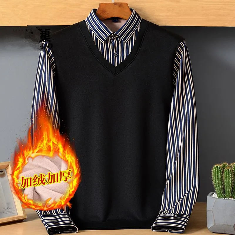 

Autumn Winter Men Fleece Shirt-collar Sweater 2026 Fashion Grid Stripe Printed Thick Warm Sweater Male Velvet Thicken Sweater