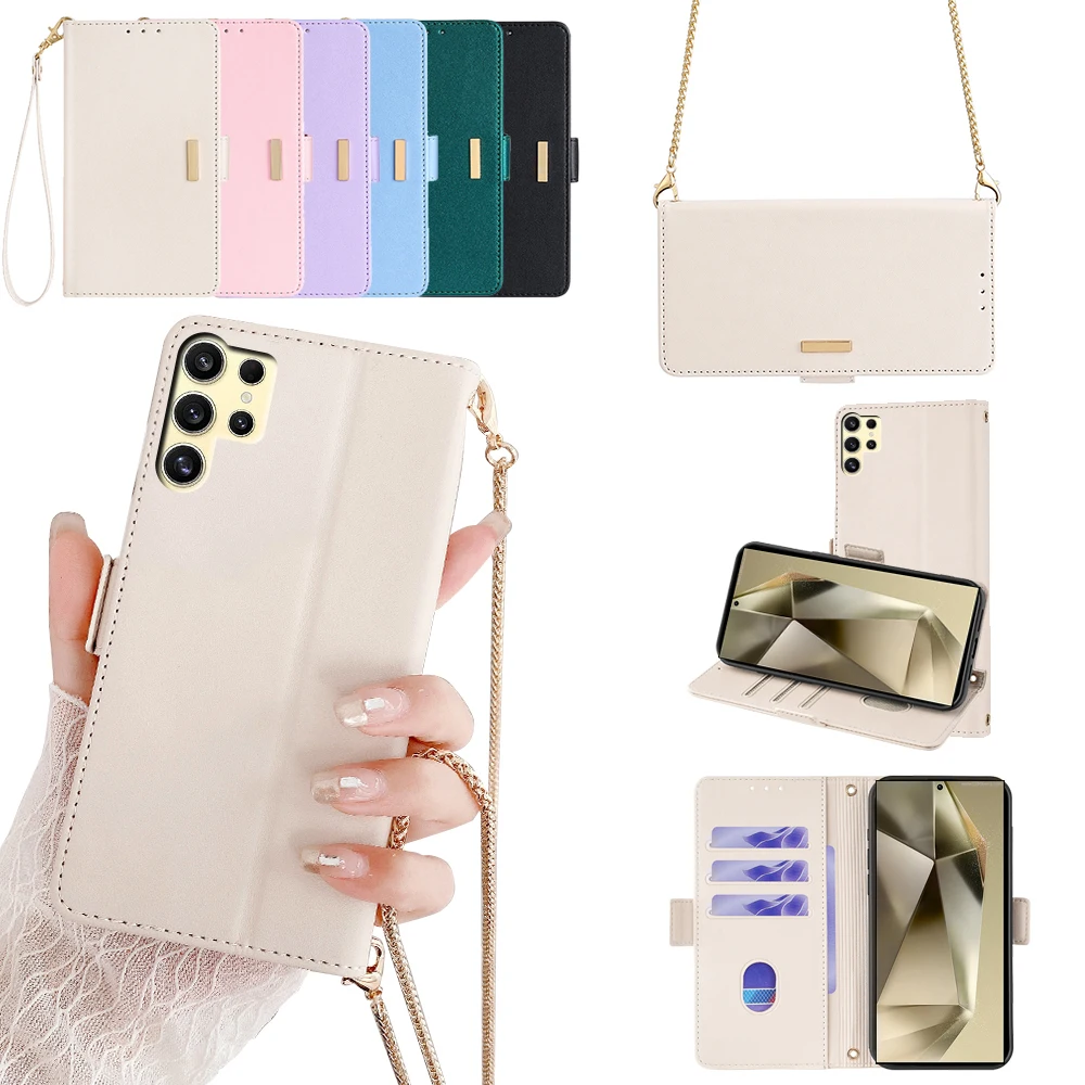 

Роскошный чехол для телефона Gefenis через плечо для Samsung Galaxy S24 S23 S22 S21 Ultra Plus FE Flip Cover RFID с плечевым ремнем и Wri