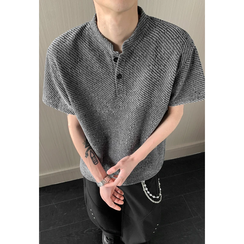 Men's Basic Short Sleeve T-Shirt Diagonal Texture Fabric Mandarin Collar Soft Knit Daily Wear Top Unisex Tee Tops