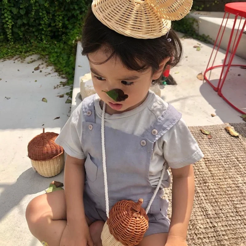 Simpatico cesto di funghi in Rattan intrecciato a mano in paglia borsa portaoggetti per funghi rossi per bambini cestino da Picnic in spiaggia