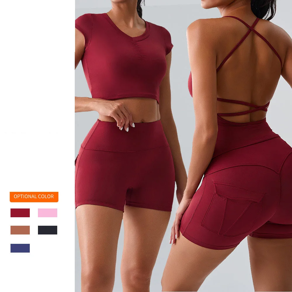 

Women Yoga Set‌ - High Waist Peach Butt Shorts With Breathable Back Sports Tank Fitness Shirts For Gym & Workout Tracksuit