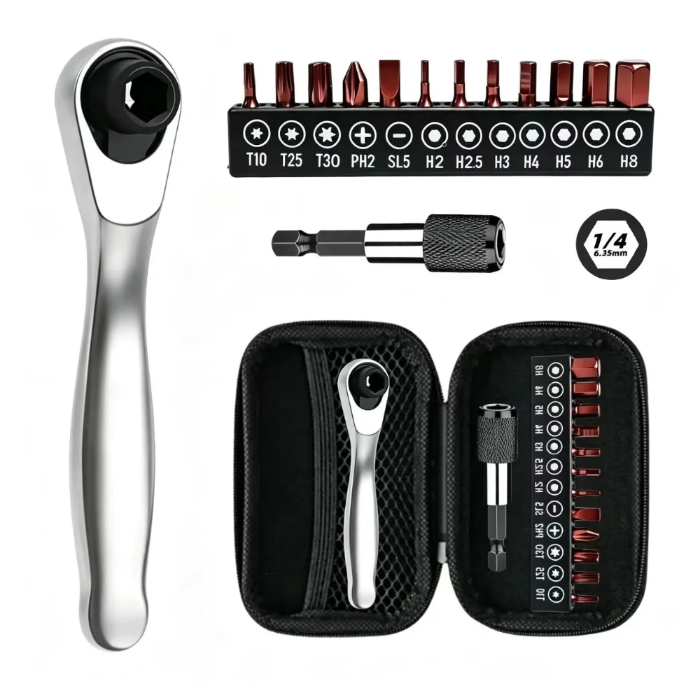 14-in-1 Multifunktions-Ratschenschraubendreher-Set mit 90-Grad-Winkel, passend für 12-teiliges L25mm-Bit-Set, Mini-Reparaturwerkzeug-Kit für Fahrrad, Heimwerker und Haushalt. – Detail 1