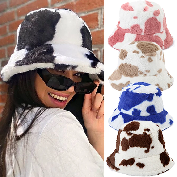 Winter Cow Faux Fur Fluffy Bucket Hats Women Plush Fisherman Cap Outdoor Keep Warm Thicken Hat Panama Caps Soft Velvet Sun Hats