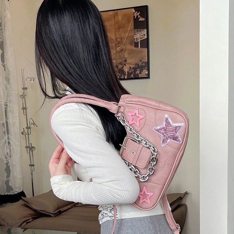 

Ladies' Shoulder Bags Pink Star Sweet Cool Trendy Versatile Vintage Y2K Chain New Handbags Luxury Brand Crossbody Bags For Girl