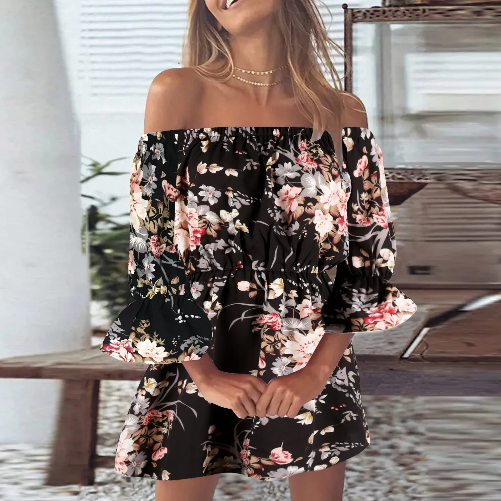 

Summer Off Shoulder Dresses Women Casual Floral Print Half Sleeve Short Dress Loose Summer Party Female Dresses летнее платье