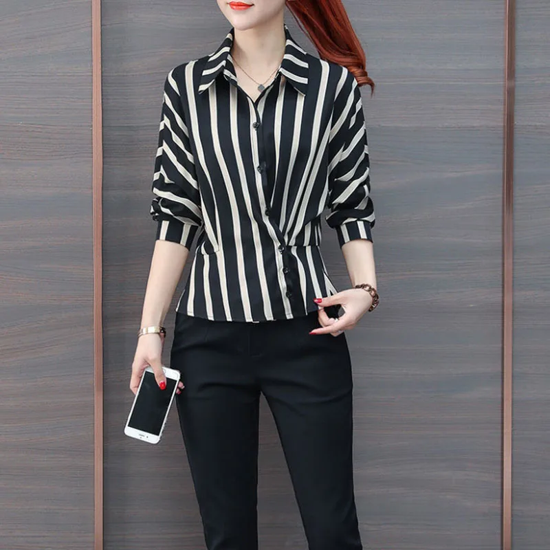 2024 Spring Summer Long Sleeve New Fashion Striped Shirt Asymmetrical Button Elegant Lady Slim Commuter Turn-down Collar Blouses