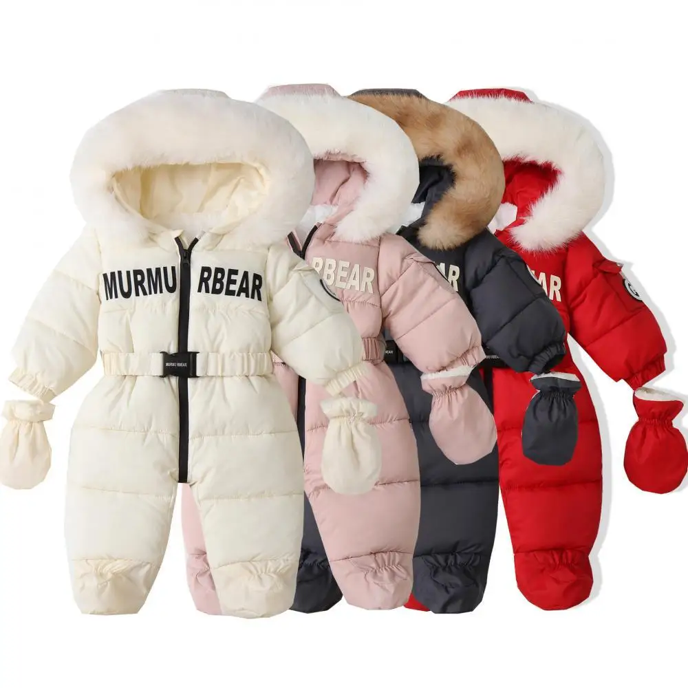 2024 Baby Girl Hooded Zipper Romper Fashion Letter Toddler Jumpsuit with Belt Newborn Warm Babies Boys Thick Boutique Coat