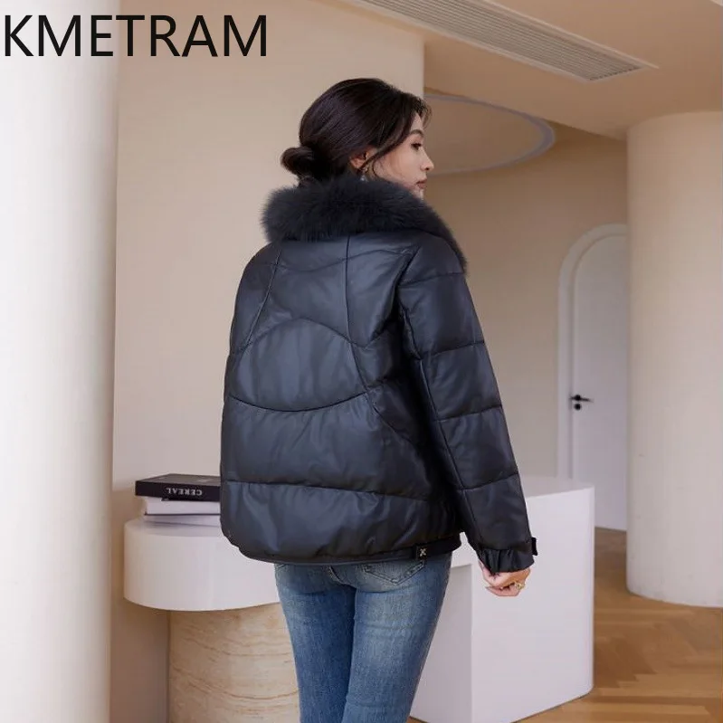 100% Sheepskin Puffer Jacket Women High Quality Genuine Leather Short Down Coats with Fox Fur Collar Winter Clothes 2025 пуховик