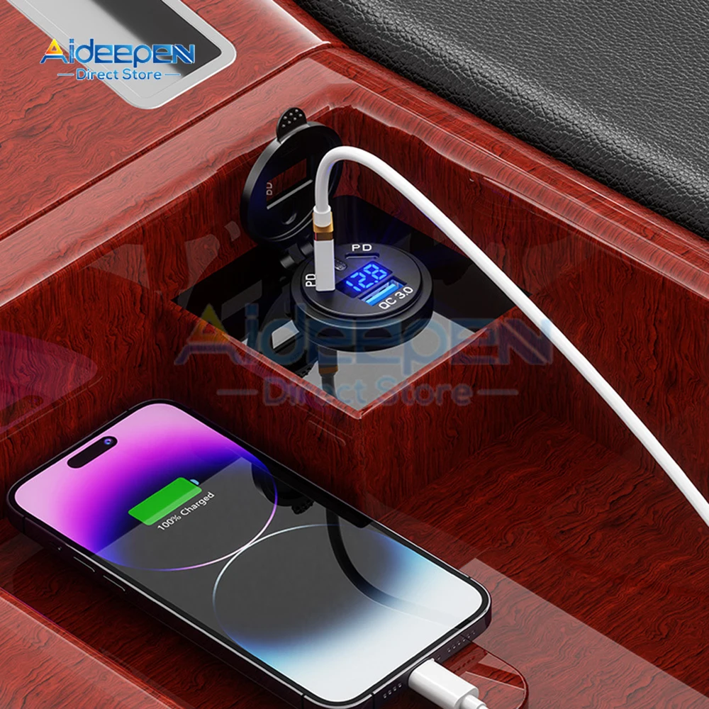 DIY 3 Ports Car Charger Dual 45W PD Type C & 18W QC 3.0 Voltmeter Switch for 12V/24V Car Boat Marine ATV Bus Truck RV Motorcycle