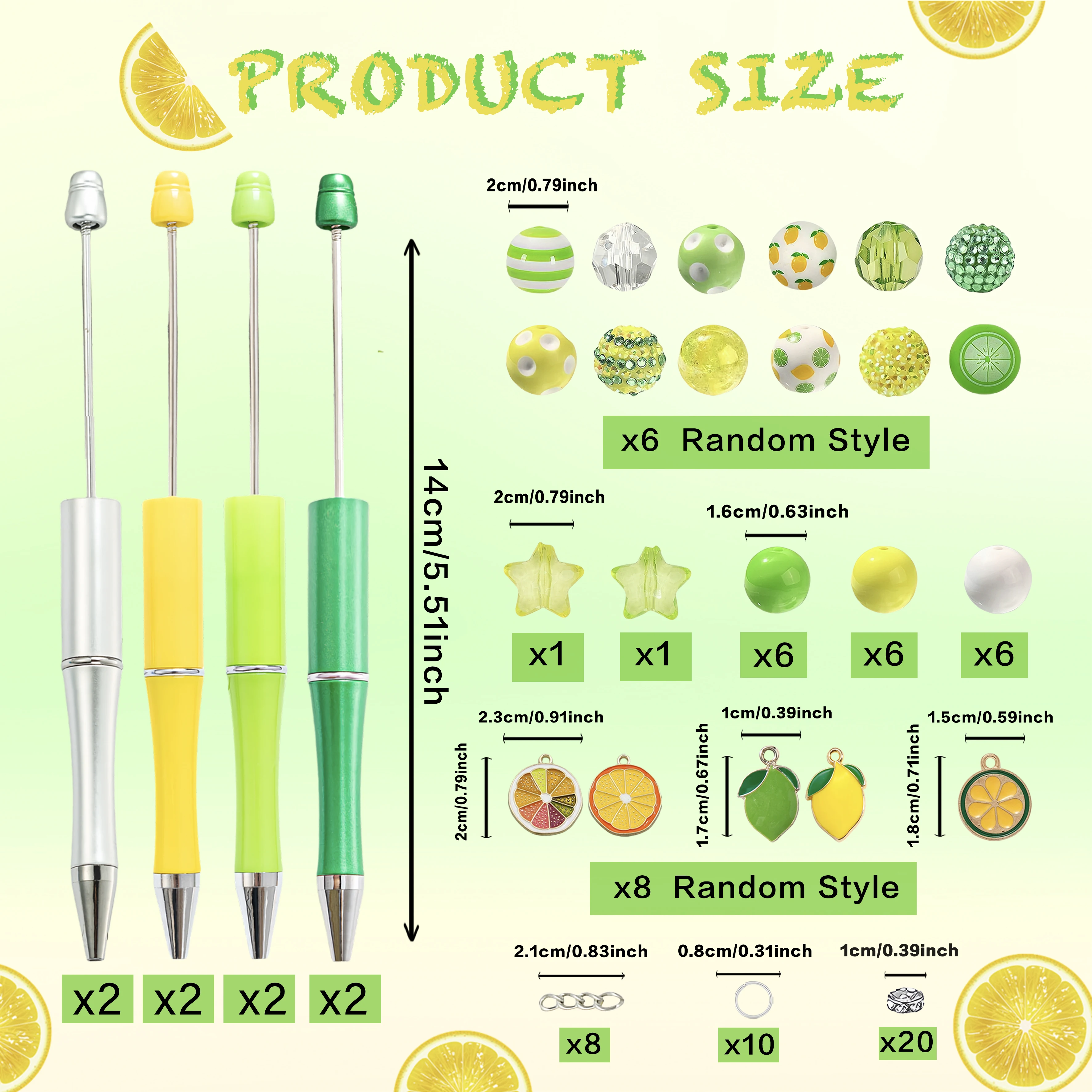 

8PCS/16PCS Spring and Summer Yellow Green Lemon Fruit Theme DIY Bead Ballpoint Pen &Acrylic Bead Pendant Set, Office &School Sup