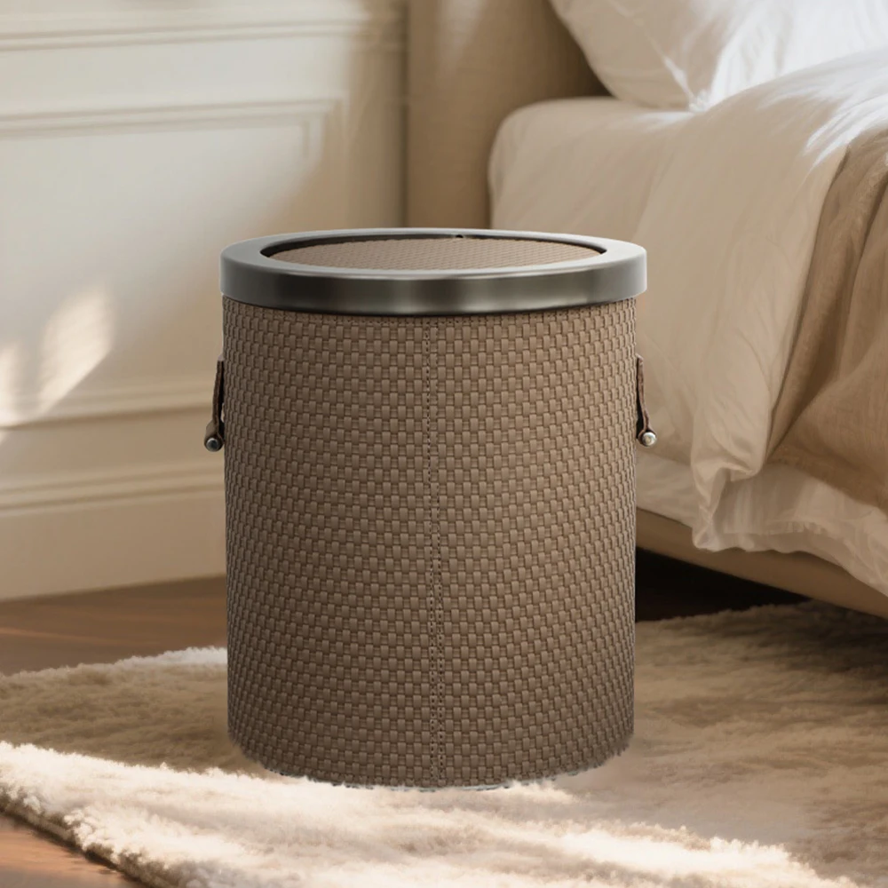 

Large Capacity Home Use Trash Can with Lid Luxury Leather Storage Bucket for Living Room Simple Style Stainless Steel Body