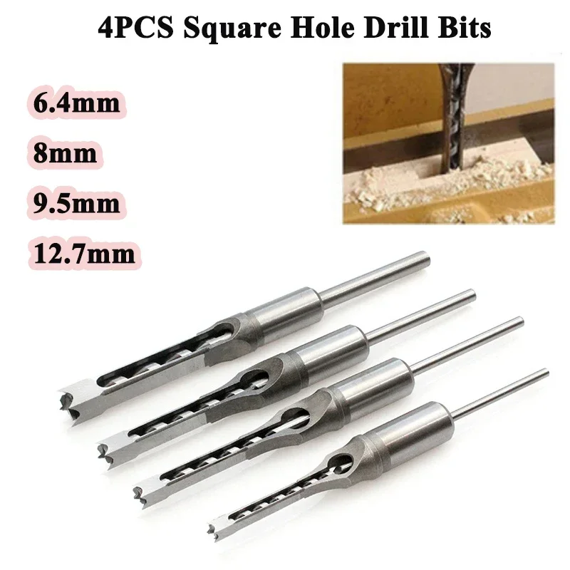 4PCS Square Hole Drill Bits High Hardness HSS Twist Square Auger Mortising Chisel Bore Hole Saw Brocas Bit for Woodworking