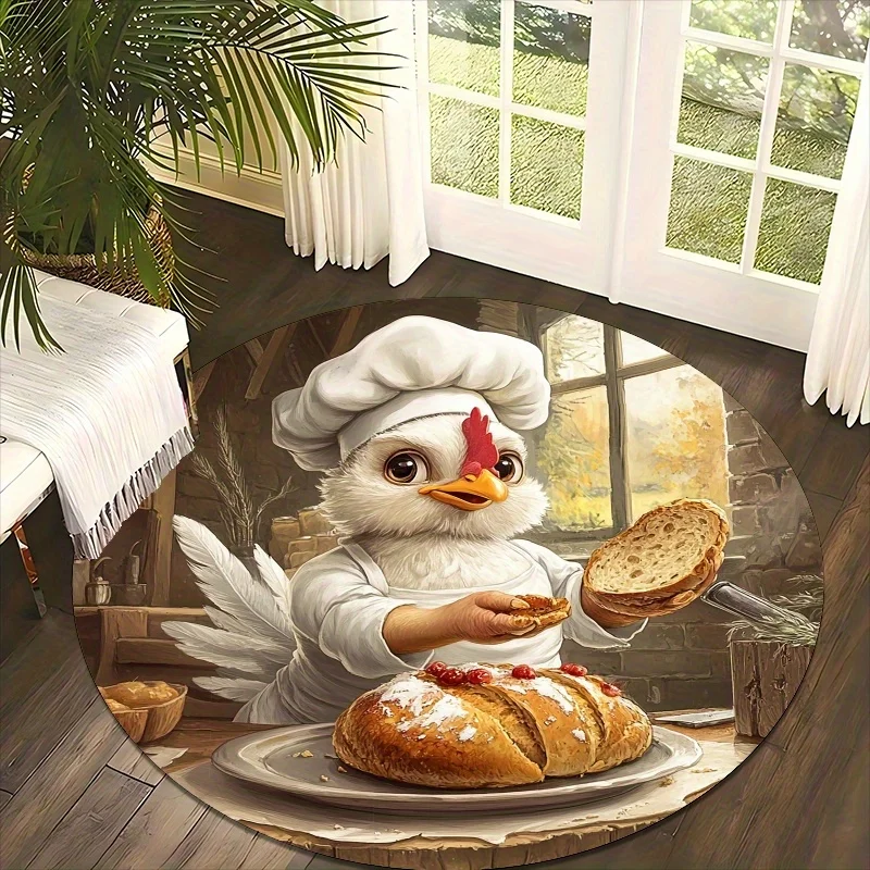 Chicken Bread Baker Round Area Rug - 2D Printed Non-Slip Floor Mat for Living Room Bedroom & Terrace Garden, 1PC