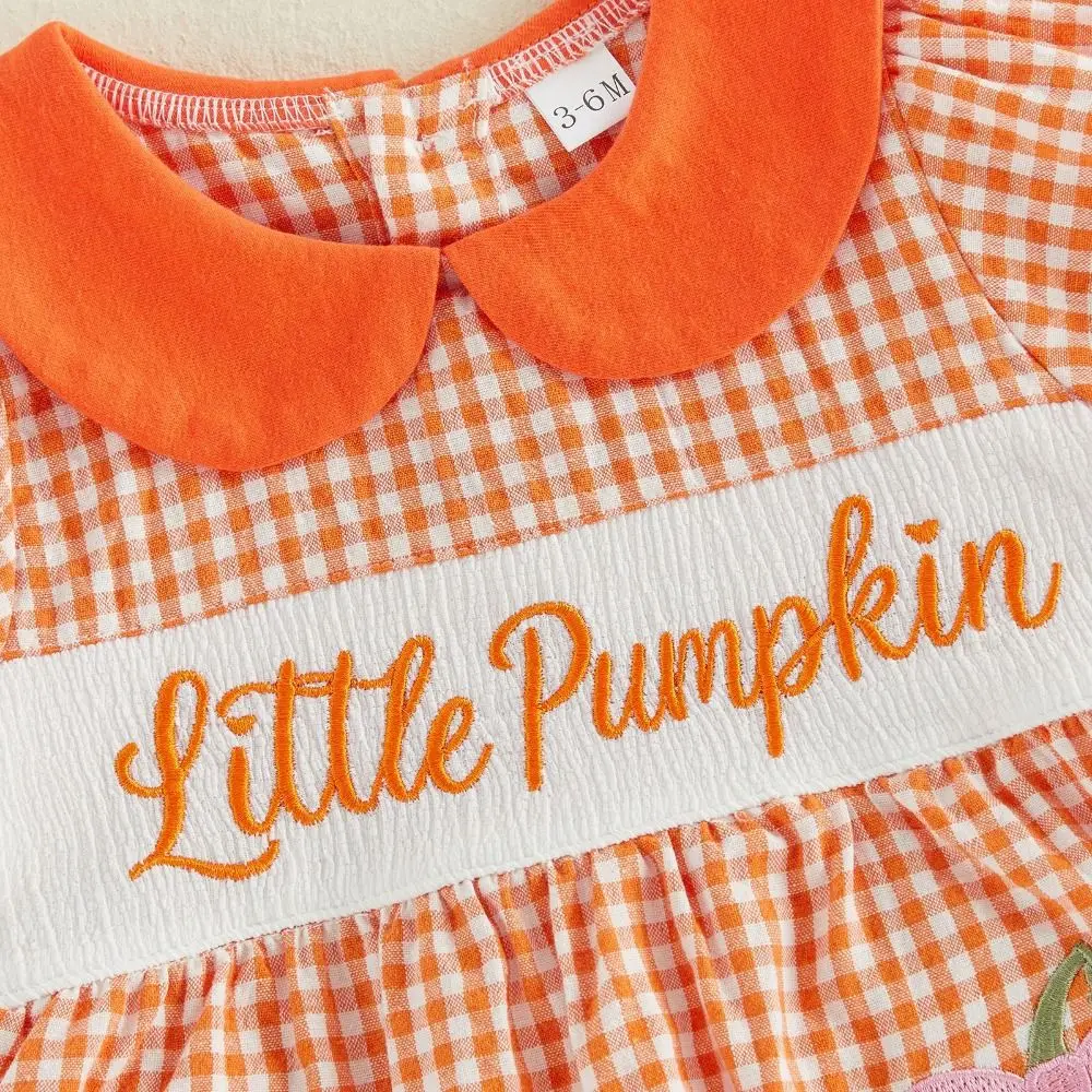 Collared Toddler Girl Pumpkin Dress Breathable Embroidered Halloween Plaid Dress Lightweight Loose Puff Sleeve Dress For 0-18M