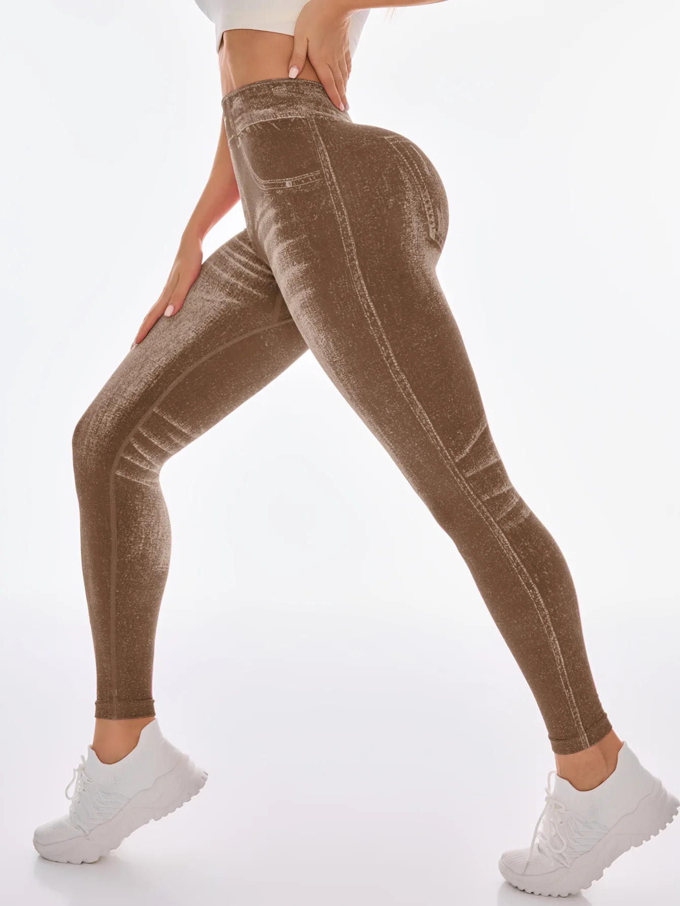 Damen Faux-Denim Nahtlose Yoga-Hose mit V-Rücken, Taillen- und Po-Lifting-Effekt, Hochelastische Schlanke Sport-Leggings, Modische Lauf- und Workout-Tights – Detail 20