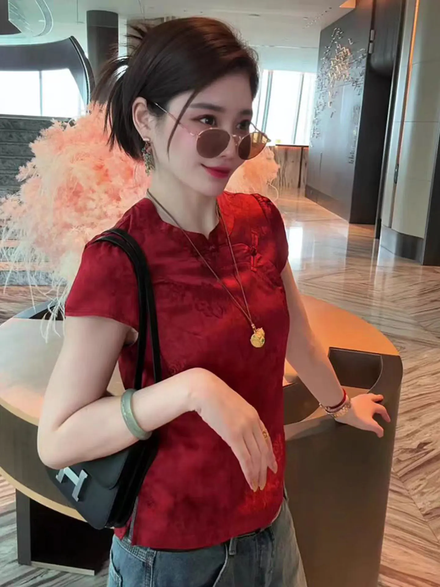 

Ele Chinese Sle Button up ort Sve Stand Collar Slim Fit irt Summer Top Women's Faion Busin Casual irt