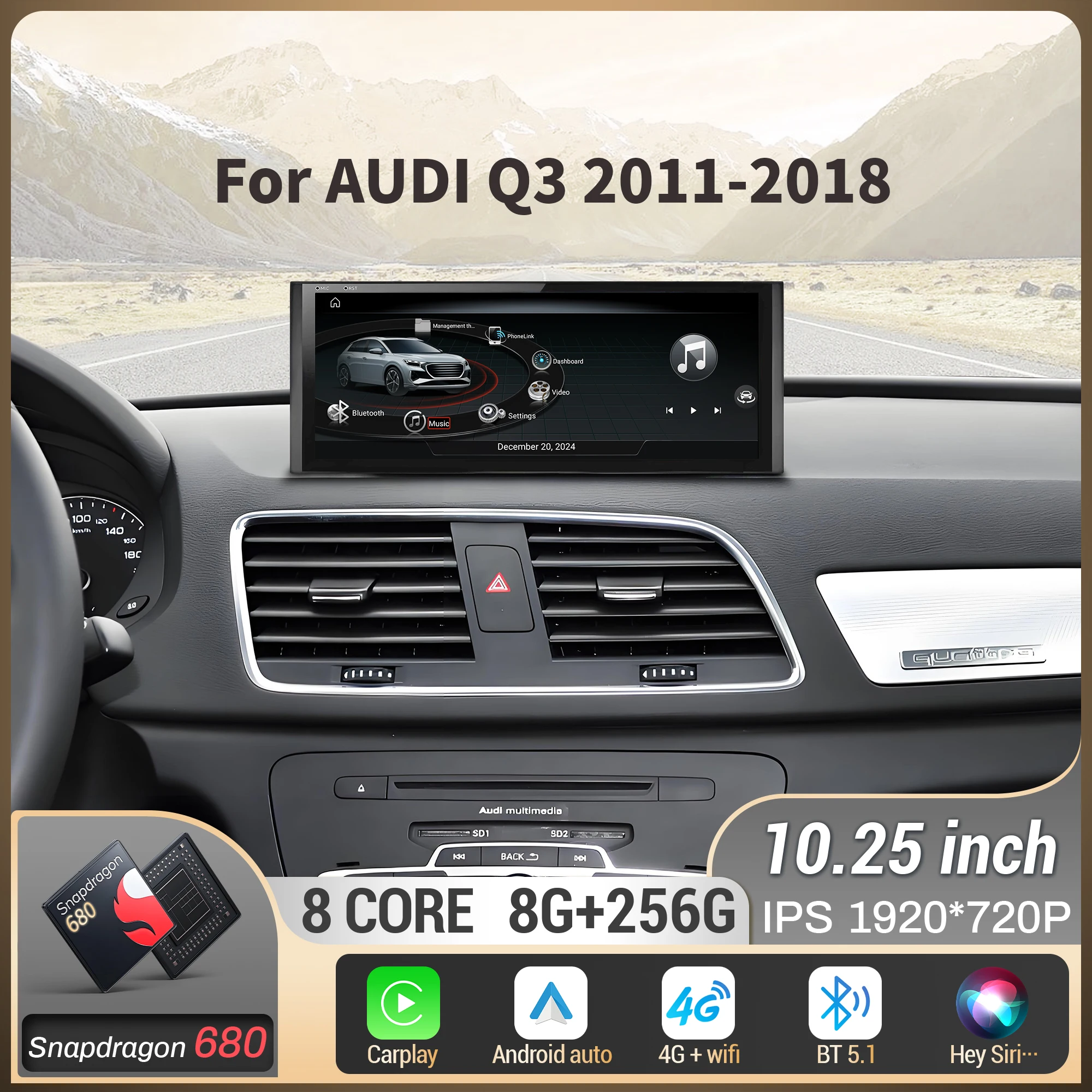 

10.25 inch Car Radio Android 13 For AUDI Q3 2011-2018 Wireless BT Carplay Snapdragon 680 Touch Screen