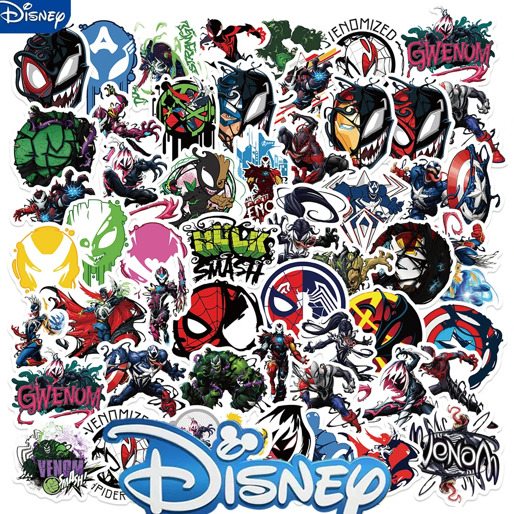 50PCS Anime Disney Avengers Venom Stickers DIY Phone Car Bike Bottle Skateboard PVC Graffiti Cartoon Decals Fun for Kid Toys