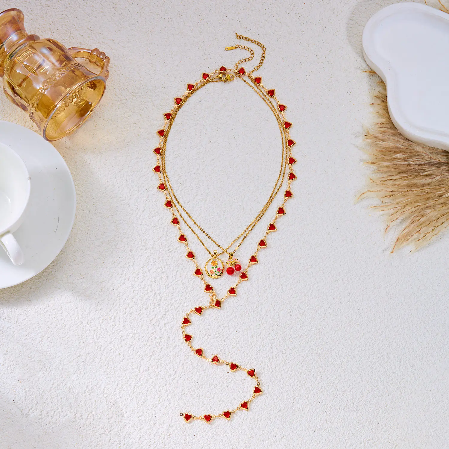 Vintage Red Heart Crystal Layered Necklace For Women Cherry Flower Portrait Sun Pendant Stackable Necklaces Daily Party Jewelry