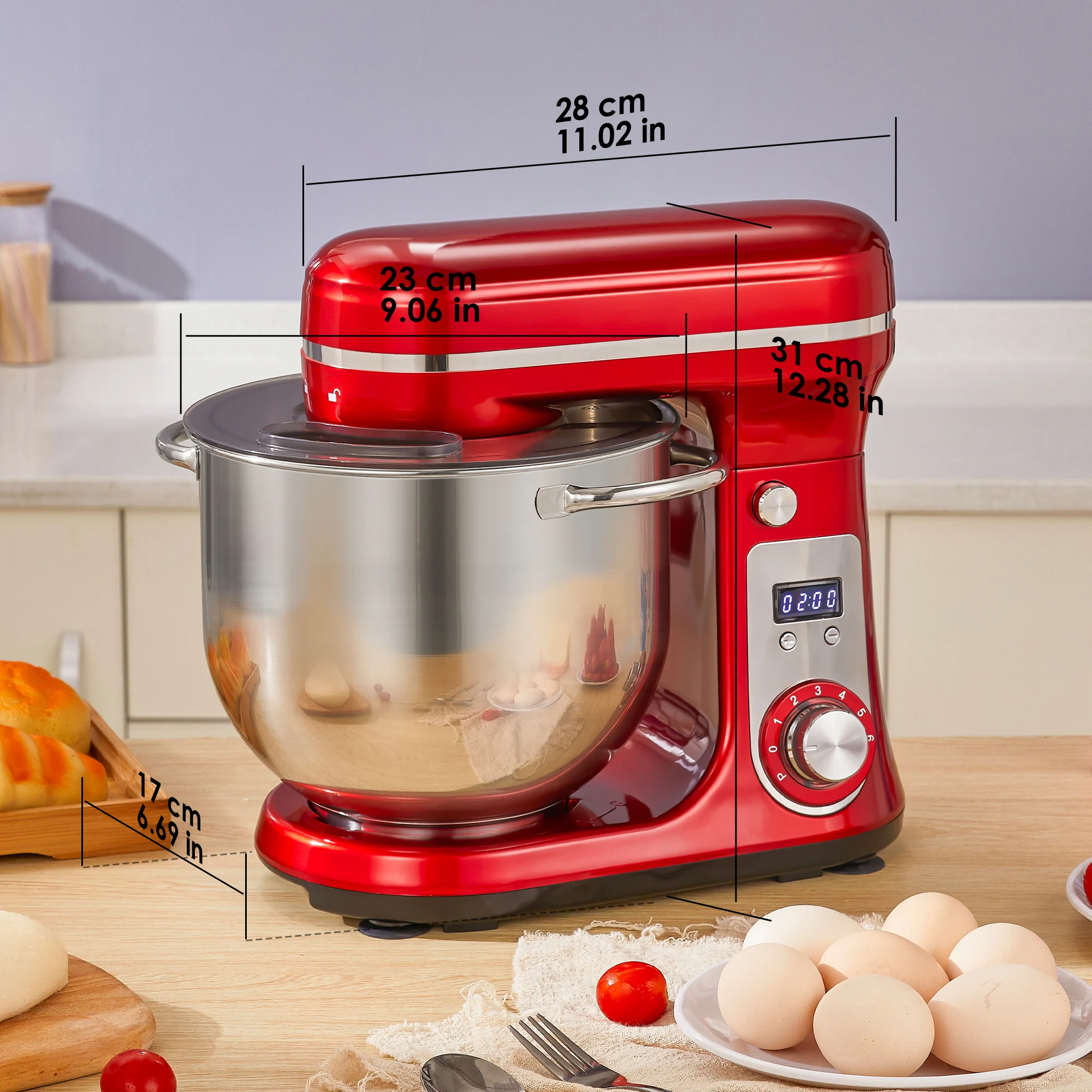 BioloMix 6-Gang-Standmixer für die Küche, 1200 W DC, leiser Motor, 6 l Edelstahlschüssel mit Sahne-Ei-Schneebesen, Peitsche, Teigkneter – Detail 6