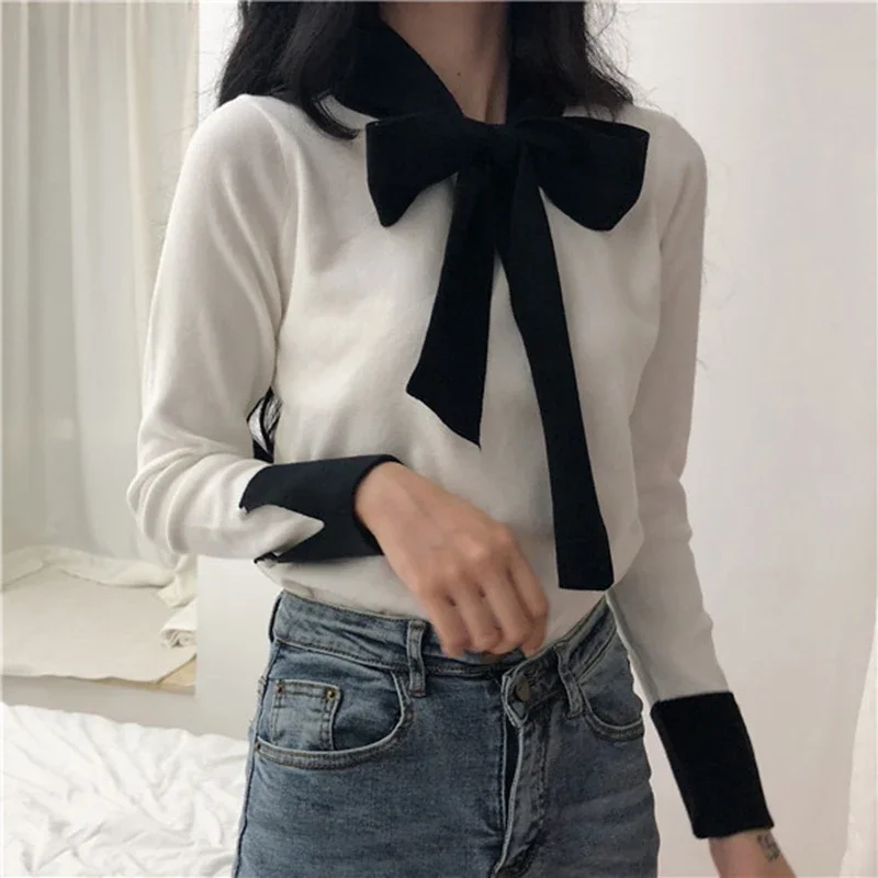 Korobov Korean Lacing Bow Sweet Women Pullovers Hit Color Basic Long Sleeve Female Sweaters Elegant Patchwork Sueter Mujer 79063