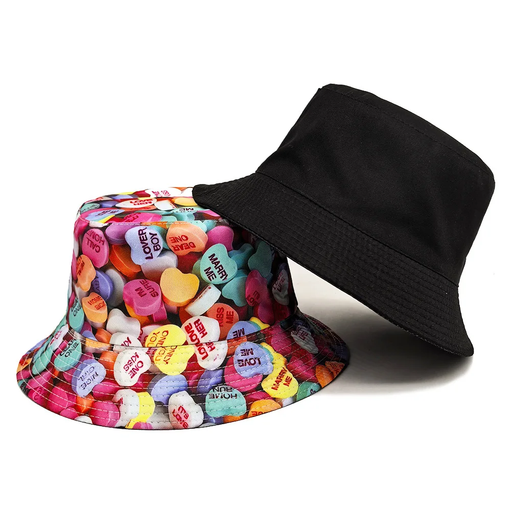 Heart Shaped Candy Pattern Panama Women Men Summer Outdoor Sunscreen Bucket Hats Love Decorate Fisherman Hat Female Sun Gorras 5