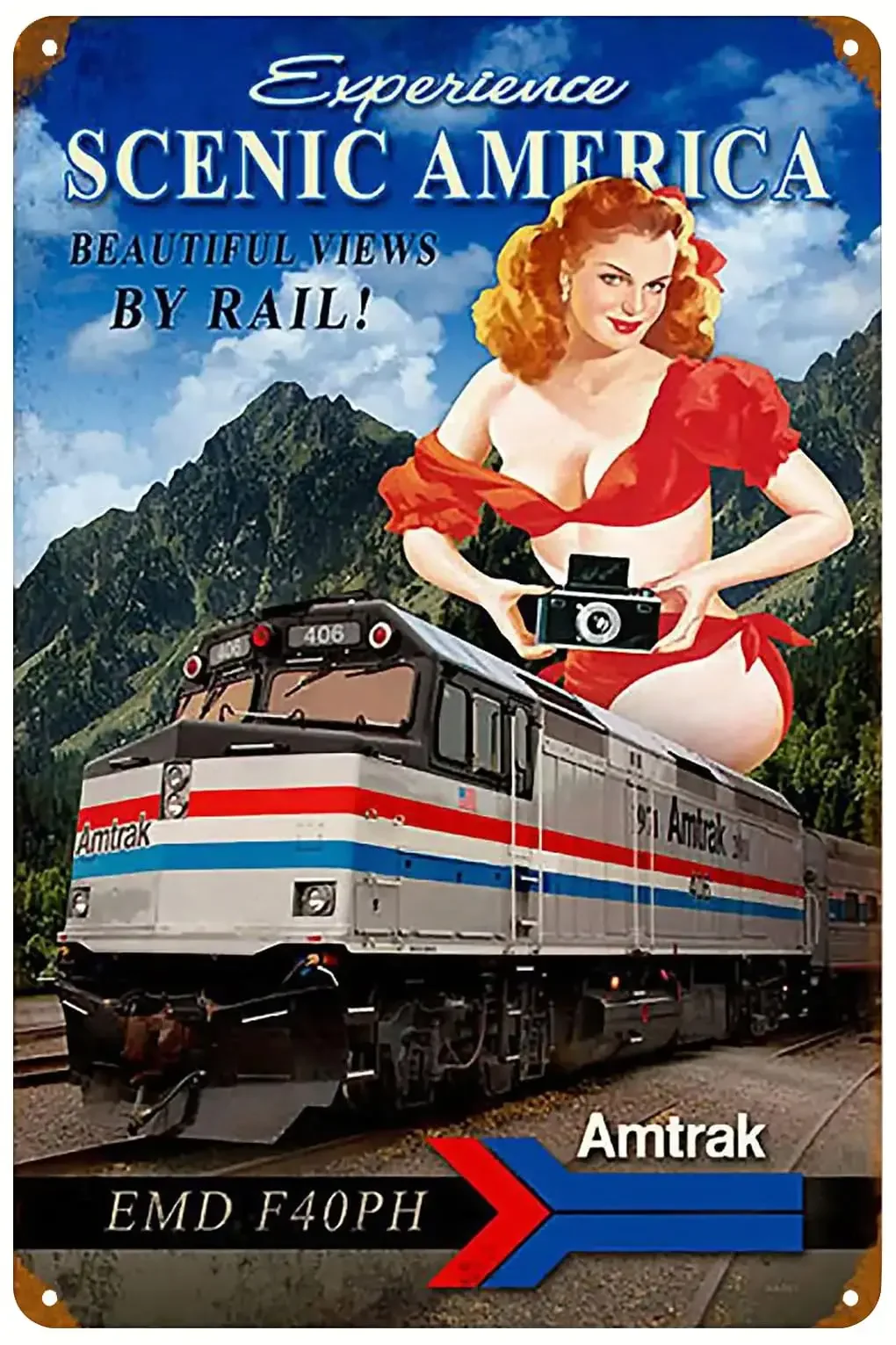 Póster de tren Pin-up Girl, ferrocarril, carteles de hojalata de Metal Vintage, decoración artística de pared para el hogar, Bar, cafetería, Club, Hotel, garaje, 8x12 pulgadas