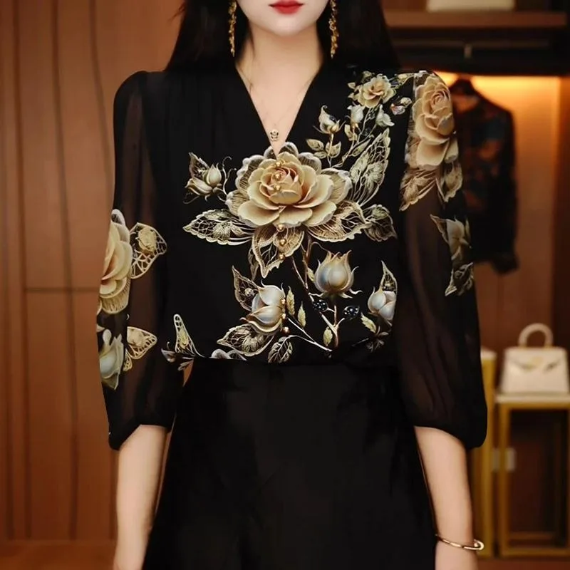 

Модная универсальная рубашка для снижения возраста, черный свободный топ с длинными рукавами и цветочным принтом с круглым вырезом для женщин