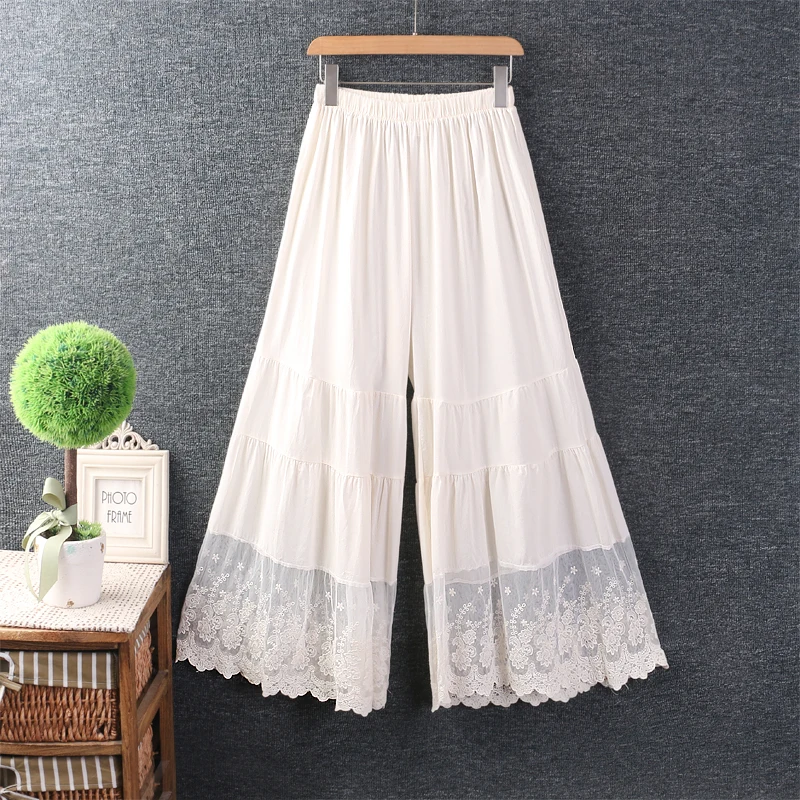 

Sweet Lolita Mori Girl Lace Embroidery Patchwork Wide Leg Pants Women Summer Elastic Waist Thin Cotton Cropped Pants Underpants