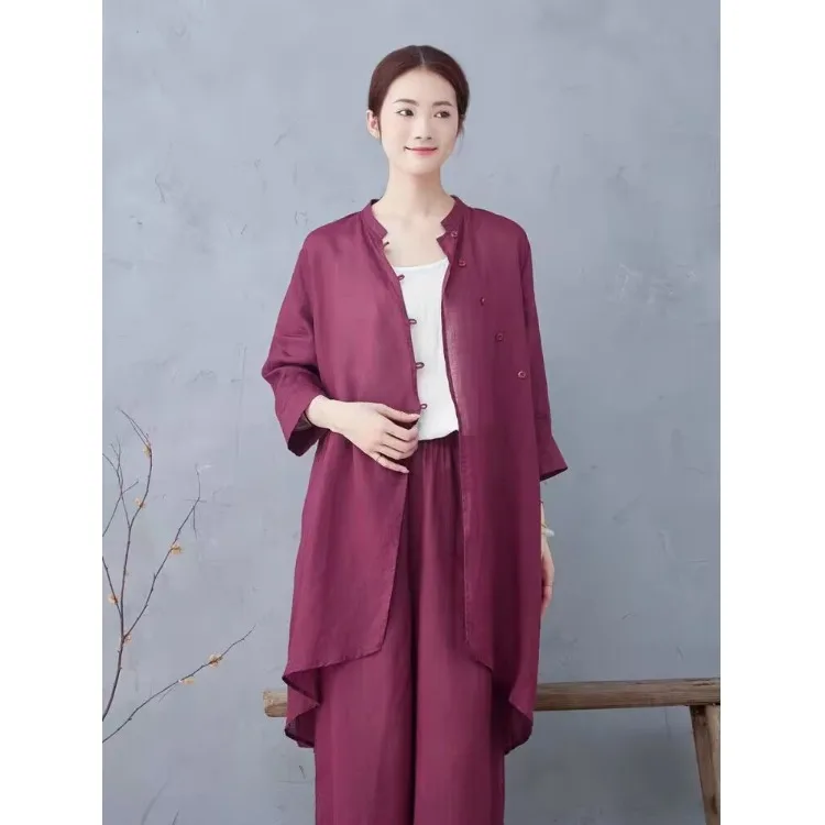 

Chic Pure Cotton Hanfu Set for Women Summer Season Traditional Chinese Linen Two-Piece Suit with Slanted Collar Zen Meditatio...