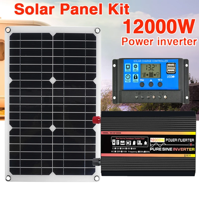 12000W 10000W Solar Panel Kit 12V To 220V/110V Pure Sine Wave Power Inverter Battery Charger Controller for RV Travel Van Camper