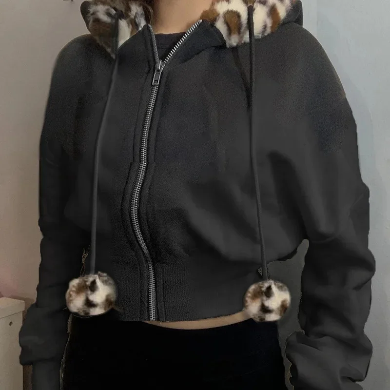 

Leopard Print Sweatshirt Hooded Casual Frayed Hem Loose Waist Cardigan American Style Hot Girl Pom-Pom Color-Block Versatile New