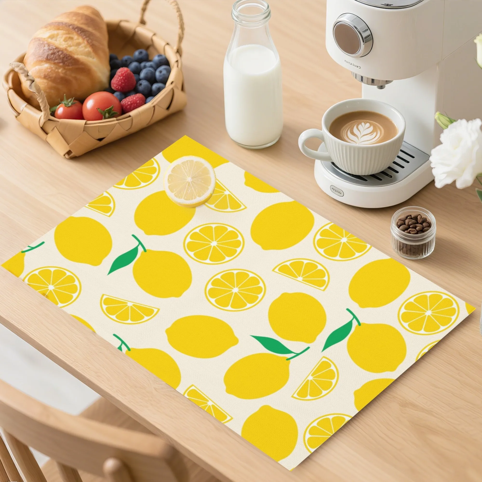 4 Pcs Set Alas Meja Kartun Klasik Motif Lemon Berwarna Beige dengan Elemen Daun Hijau Lemon Utuh & Irisan Dekorasi Meja Segar Musim Panas