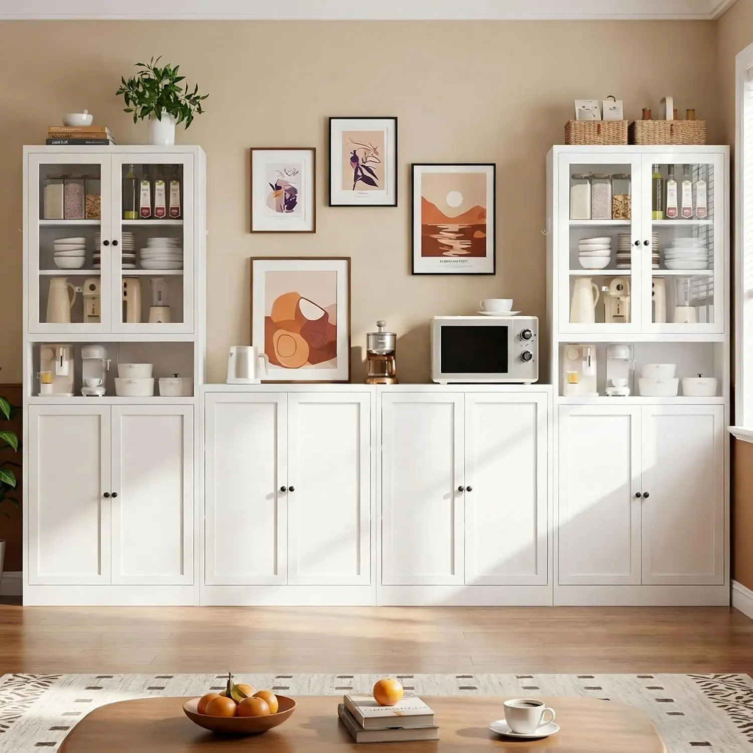 4-Piece Modern Metal Storage Cabinet Set Adjustable Shelves For Living Room Kitchen Pantry, Customized