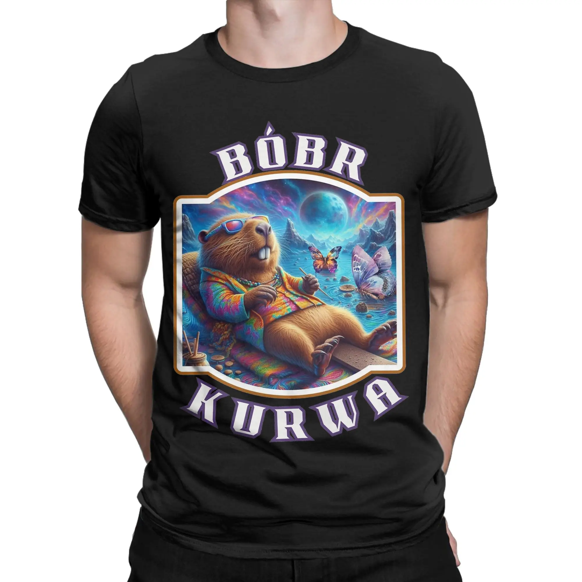 Camiseta relaxante Bobr Kurwa para homens e mulheres, camisetas vintage de algodão puro, gola redonda, manga curta, roupas plus size