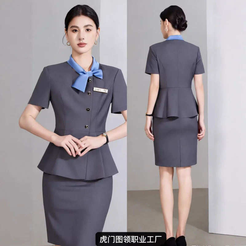 Hotel front desk receptionist professional suit workwear, high-end stylish summer short-sleeve professional attire, suit and ski