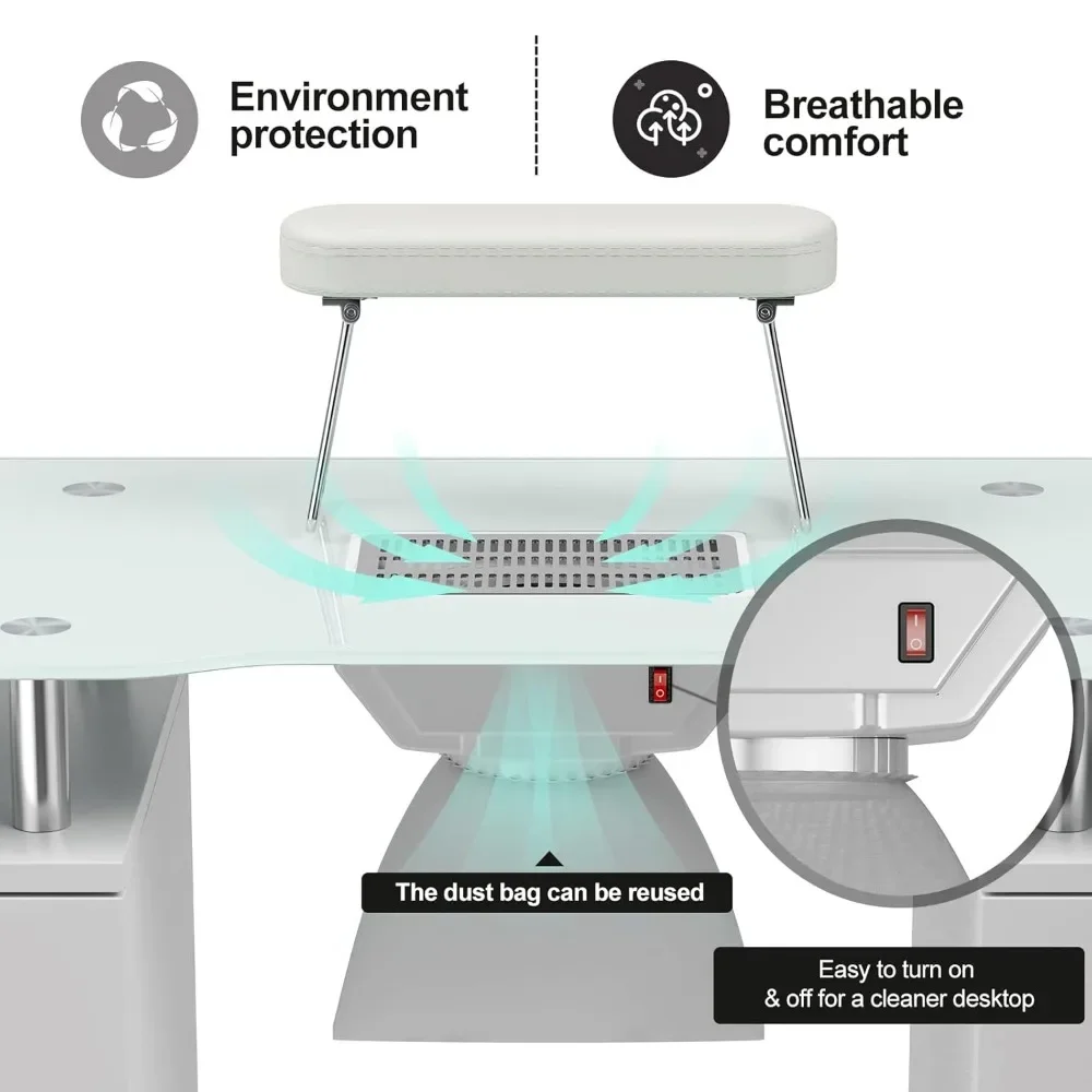 Mesa de manicura con tapa de cristal, reposabrazos plegable, ruedas bloqueables, cajones de almacenamiento para Nail Tech - Blanco, mesa para uñas