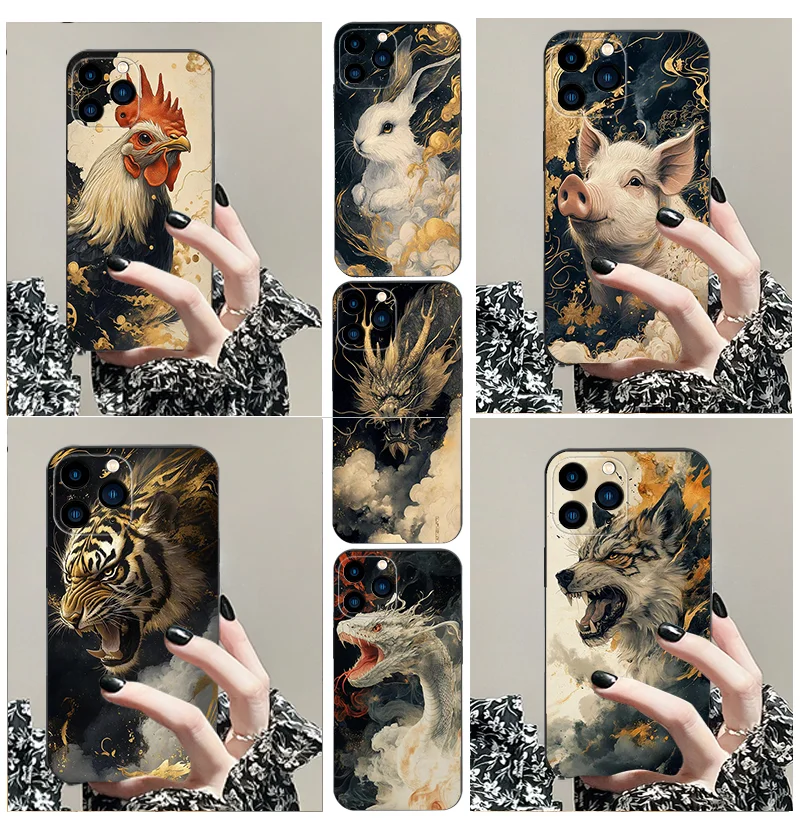 

for iPhone 13 Mini 14 15 11 Pro 16 12 XR 7 G X XS MAX 8 Plus TPU Black Soft Phone Case Zodiac Pattern Series Protective Cover