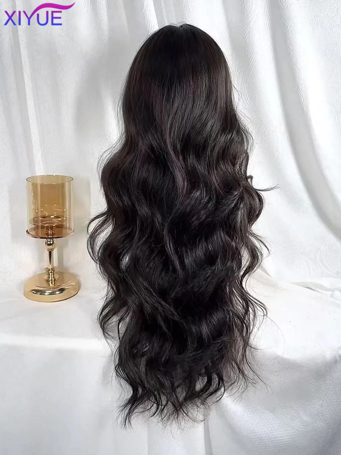 XIYUE 75 cm superlange schwarze gewellte synthetische Perücken mit Pony für Frauen, Afro Dark Water Wave, Cosplay, Naturhaar-Perücke, hitzebeständig