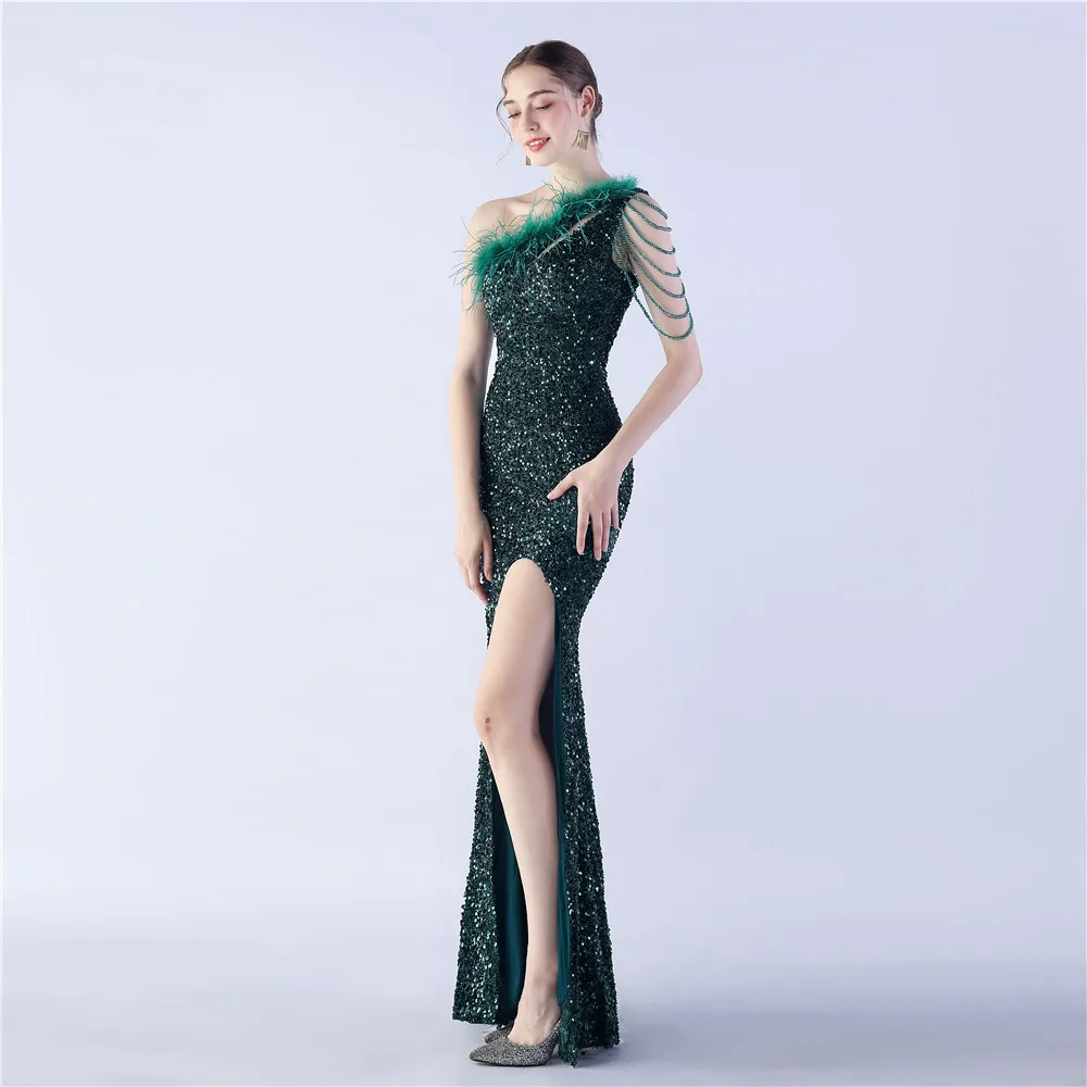 Customized Women's Sequin Halter Tassels Sleeve Long Prom Ball Gown Evening Dresses