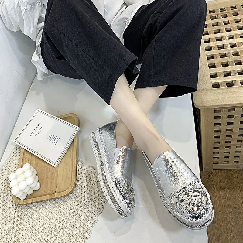 Comemore New strass Leather Flats Shoes donna Silver Bling mocassini Slip On Platform Shoes donna Flat Slipper studenti Casual