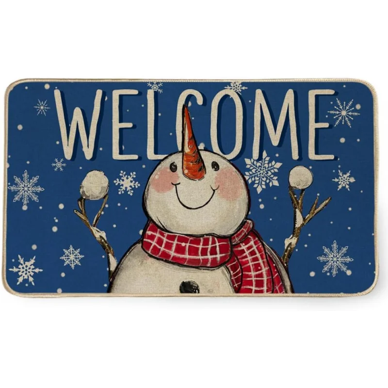 Christmas Winter Snowman Door Mat Indoor and Outdoor Front Gallery Entrance Blue Floor Mat 61X90cm