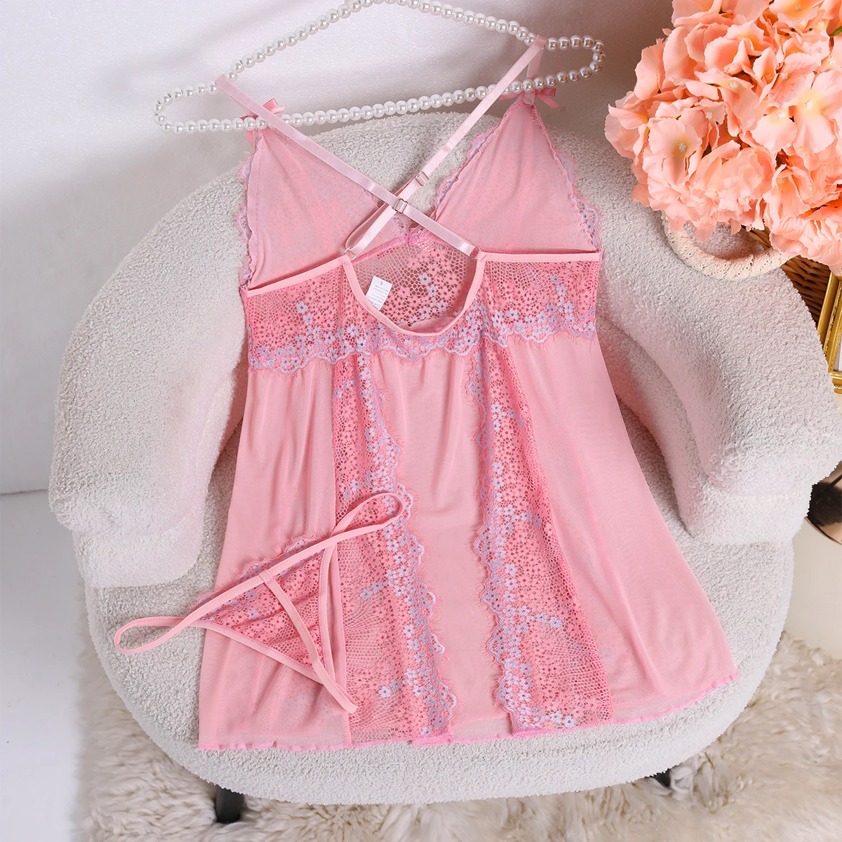 Sexy Solid Pink Slip Nightdress Contrast Laces V- Neck Backless Sleeveless Sling Dress Women\'s Sleepwear Babydoll Dresses Lace