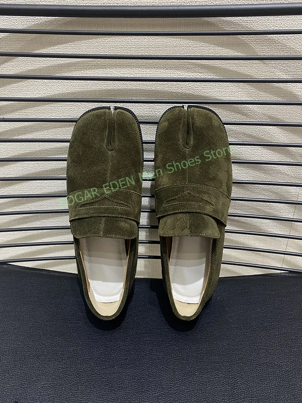 Vintage Men Faux Nubuck Split Toe Loafer Shoes Flat Heel Breathable Slip On Male Retro Single Shoes Brown Green Grey Shoes