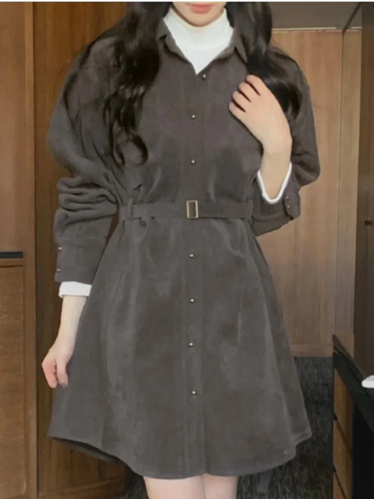 ربيع الخريف الدانتيل يصل قميص فستان المرأة الكورية سليم فستان بكم طويل النساء فساتين السيدات Vestidos #4