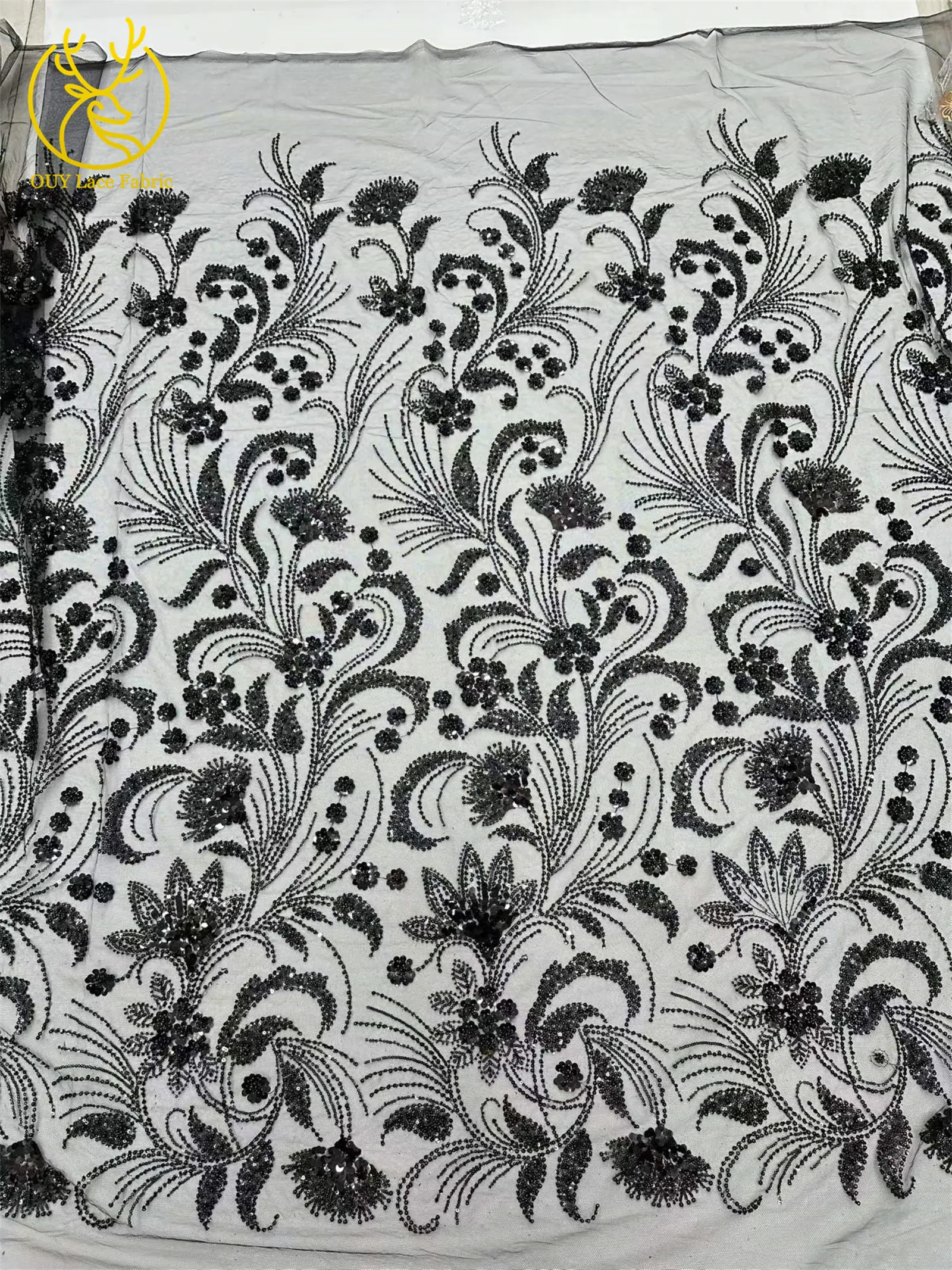 Eleganter 5-Yard-Paillettenstoff mit Kleinen Blumen, Afrikanischer Perlen-Pailletten-Spitzenstoff, Nigerianischer Luxuriöser Pailletten-Netzstoff für Kleider und Näharbeiten – Detail 10